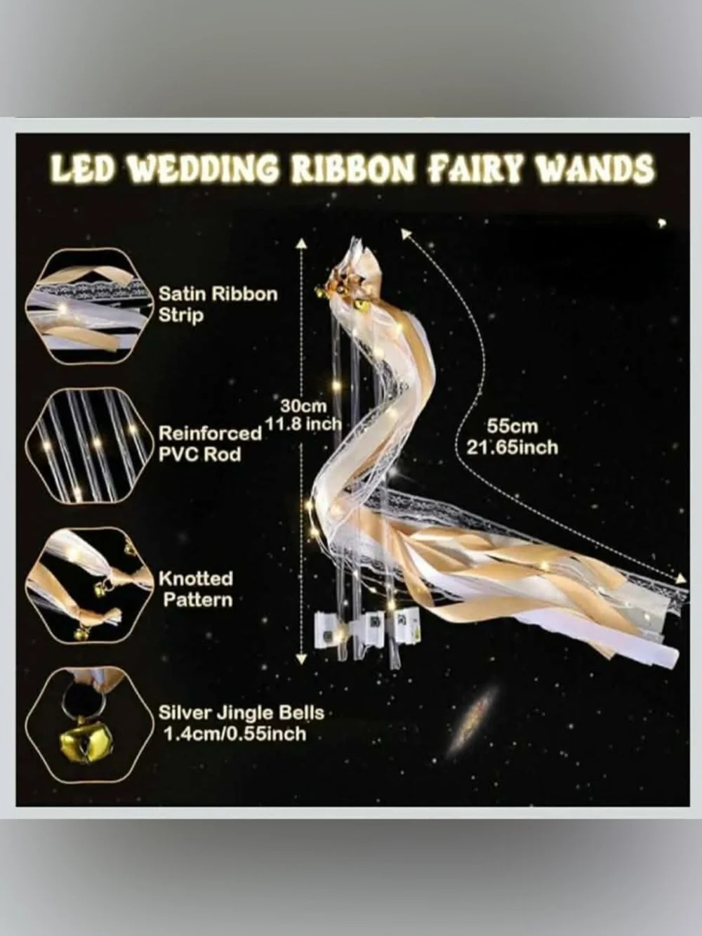 50 individually wrapped LED wands with Champagne ribbon and white lace with bell